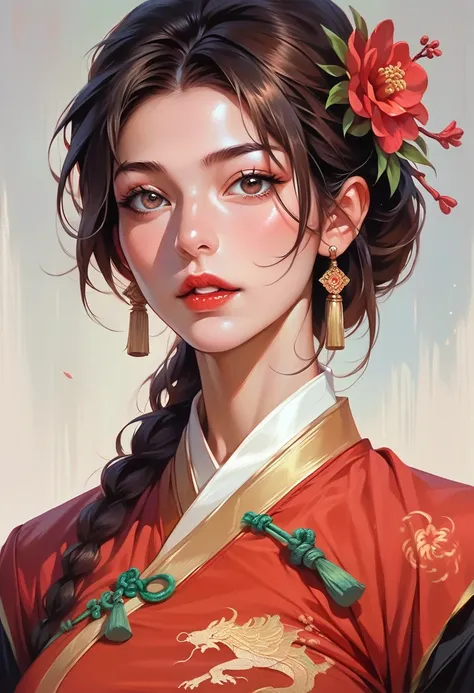 A photorealistic portrait of Lara Croft, a beautiful young woman wearing a traditional Chinese dress with a hair flower, with shiny skin, red lips, parted lips, and looking directly at the viewer, highly detailed, 8K, masterpiece, best quality