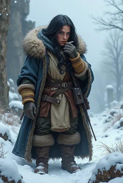 dnd woman dwarf, black hair, winter clothes, smokes cigarretes, medieval, winter