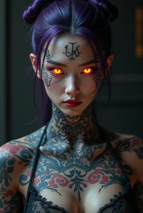 A hyperrealistic portrait of a pale-skinned Korean woman with glowing neon orange eyes, her entire body covered in intricate black and red tattoos. The tattoos are a combination of ancient symbols, calligraphy, and geometric patterns, meticulously drawn ac...