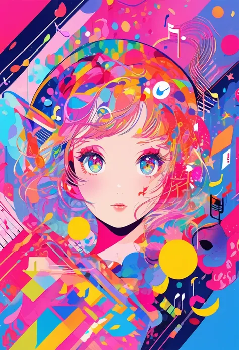 {worst quality, low-quality}, Anime artwork depicting a girls face within a vivid and abstract collage of colors and patterns. The composition includes a variety of shapes, lines, and textures, all in bright and contrasting colors, creating a surreal and e...