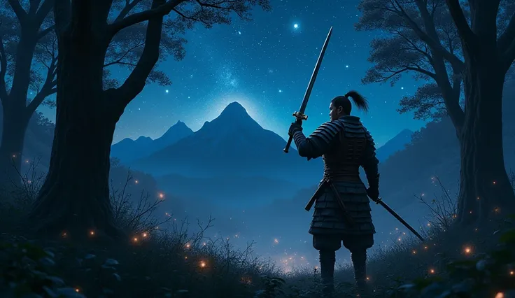 Samurai era senku style light armor, sword in hand, without a helmet, dense forest, big starry sky, battle lights, dark evening, mountains to the horizon