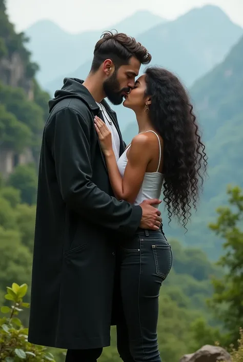 (photorealism:1.2) A young broad shoulder man in his mid-twenties with dark brown short hair with beard and mustache and a dimple on his cheek standing ,in a mountainous greenery area and kissing   a sixteen  year old teenage girl wih a  long very curly bl...