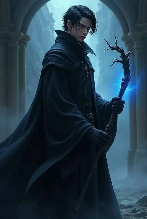 I need you to create a photo for an RPG: Tall handsome and imposing young man, hair as black as night and blue eyes that resemble glaciers, wears dark robes and carries a Harry Potter-style wand made of dragon bone that emits a certain evil glow. On his fa...