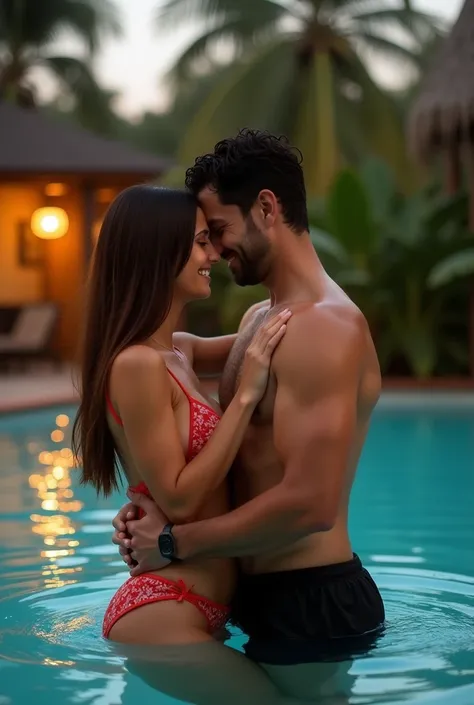 A couple stands closely embraced in a pool. The woman has long, straight hair and wears a red floral bikini. The man has short, curly hair and wears black swimming trunks. The atmosphere is intimate and relaxed, with warm outdoor lighting and a backdrop of...