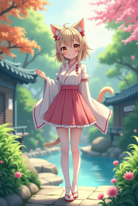 Please draw a Japanese shrine maiden cat girl in an anime style with a Japanese garden in the background, wearing a mini skirt and stockings, tall, model-like, smiling, and wearing a pink outfit.。In light clothing