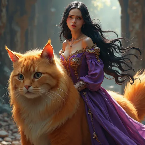 a sexy woman, black long hair, in a purple medieval dress, riding a 2-meter-tall orange cat, detailed face, extremely detailed eyes and face, longeyelashes, beautiful detailed lips, beautiful detailed eyes, medieval fantasy, detailed texture, ornate mediev...