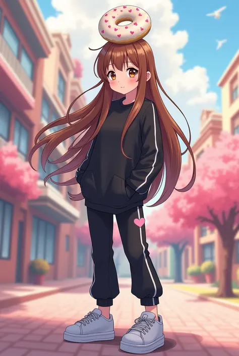 Create a female anime character with long brown hair, a white hairy donut on her head, a black shirt with white lines on the sleeves, black pants with pink hearts, and white sneakers.
