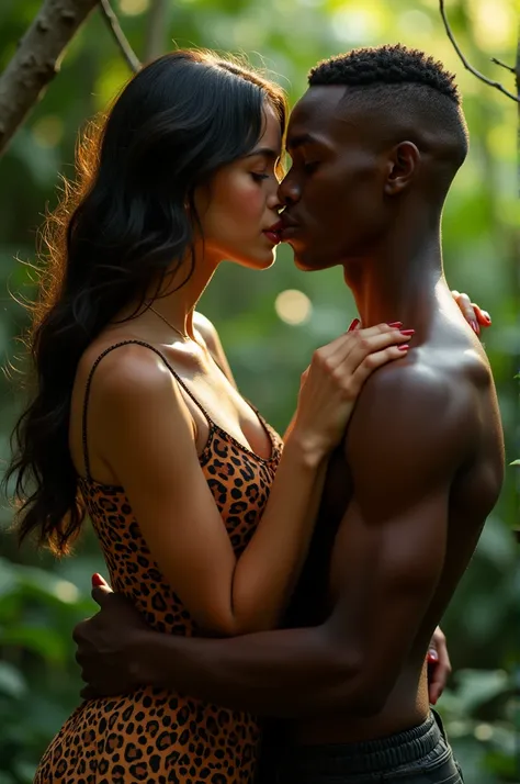 Teenager in leopard dress kissing a dark-skinned boy