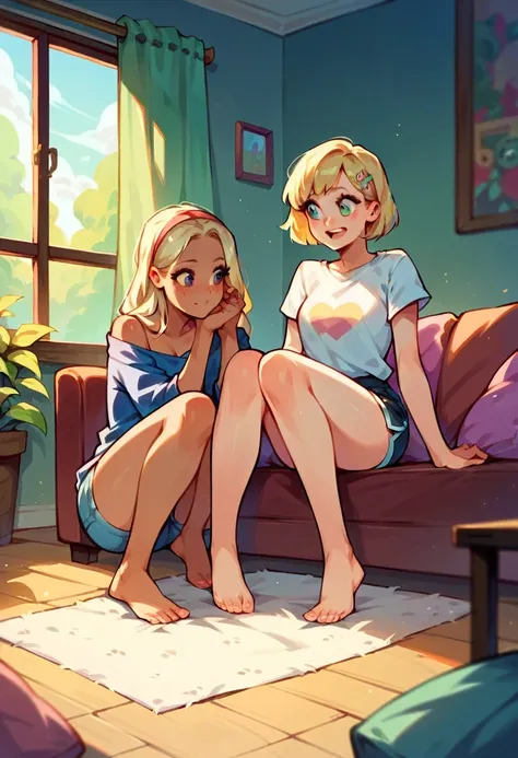 A short, blonde-haired girl in a cute outfit looks up at a tall, dark-haired woman , living room, ( There must be two people in the image) 