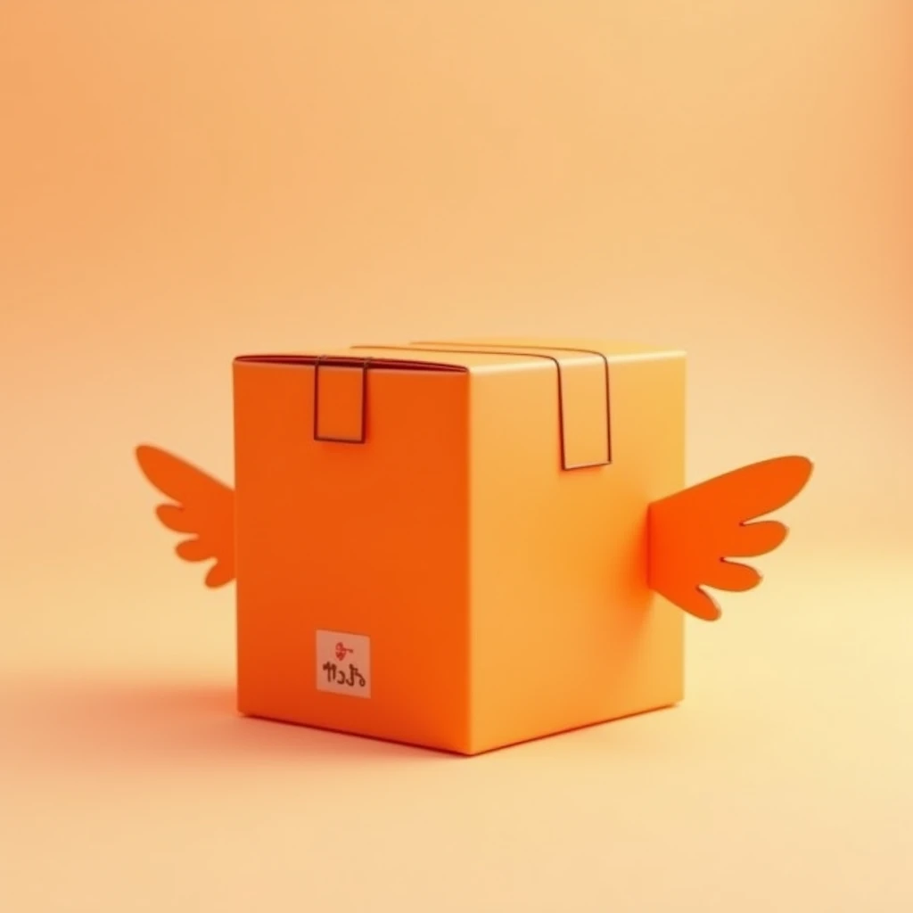 Parcel box with small wings, for actual Instagram stories, orange color made of matte plastic, high detail, 3D рендер, stylization
