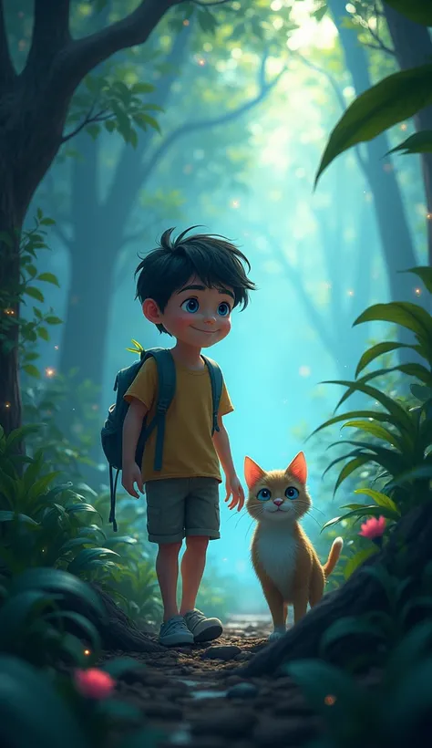 - Prompt: The boy and his cat explore a mysterious jungle filled with thick trees, exotic plants, and glowing mist. The air feels magical as they both look excited and happySmile, Masterpiece, Accurate, Award Winning, Best Quality, HD, Super Detailed, Cat ...