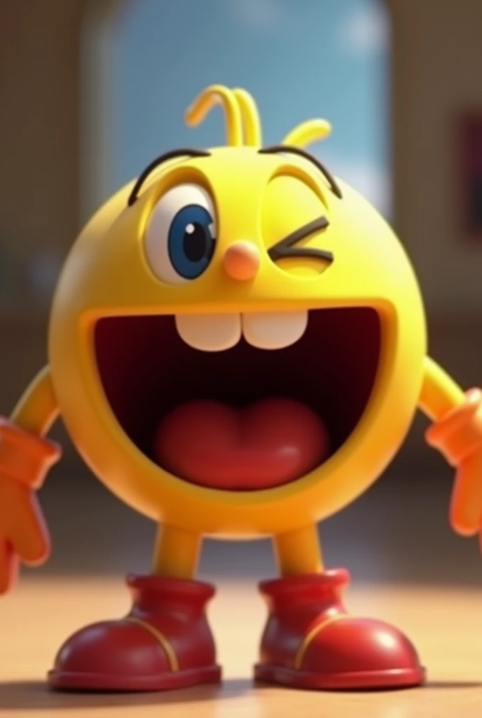 pacman from game with open mouth animated front perspective

