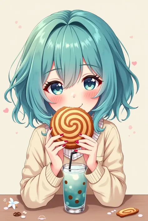 Anime girl eating a brown and yellowish white spiral cookie with turquoise blue hair and a very smile and long red nails with eyeliner and eyelashes and with a glass of tapioca in the other hand 