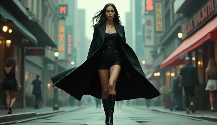 Trinity from Matrix walking down the street wearing a black overcoat and a very short mini skirt lifting with the wind blowing showing a bit of her pink thong