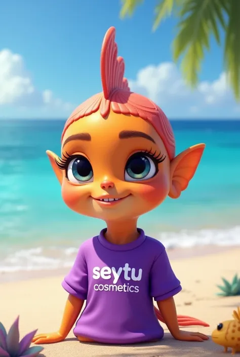 Animated female fish with big eyelashes, with facial band on head, with purple shirt with letters seytu cosmetics, on the beach
