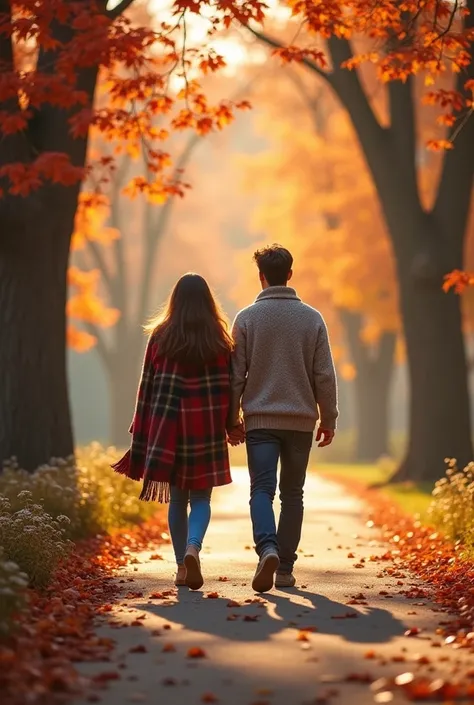 create a photo of an autumn park with a loving couple walking in it