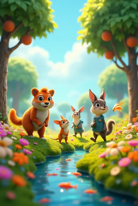 3D representation in Disney or Pixar style, Animals walking through a green field full of flowers and trees with fruits, a river with fish. All with lots of color and light, much joy.