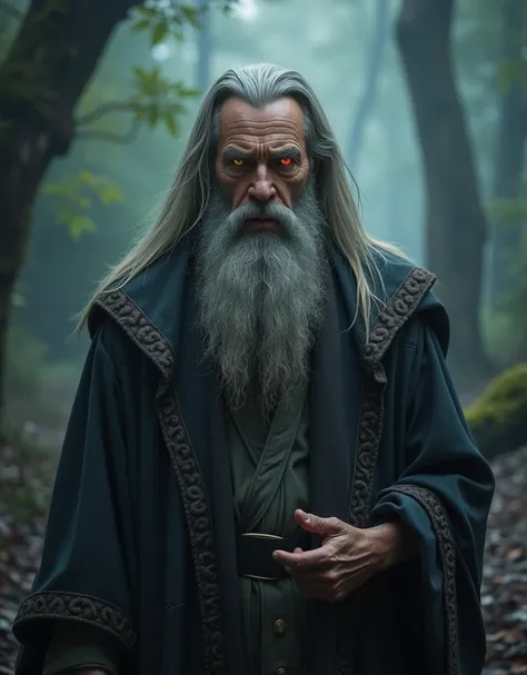 A middle-aged man with long grey hair and a long beard, wearing mystical flowing robes, standing in a dark, foggy forest, heterochromia eyes with one yellow eye and one red eye, an aura of mystical power and ancient wisdom surrounding him, (best quality,4k...