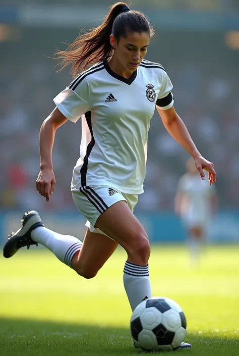 Create an image of a woman kicking a ball wearing a white soccer uniform with black lines
