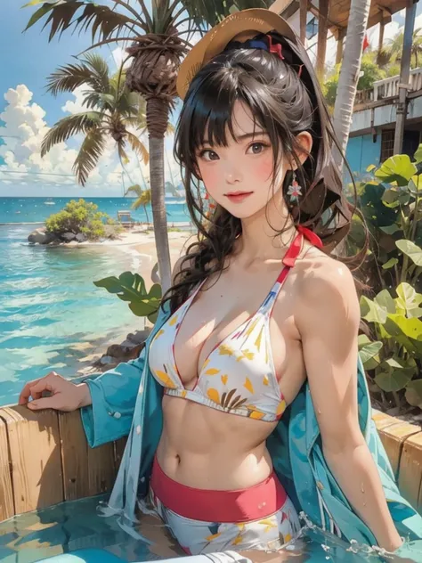 ((highest quality, masterpiece, High resolution)), ((reality)),Photos of beautiful Japanese women,((anime art))、 (((1 girl))), normal size breasts, slim body shape, long ponytail,double eyelid, micro bikini,Clean abs,muscular body, A pareo with bold ethnic...