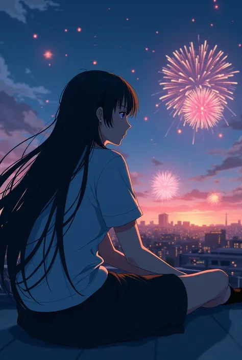 A Boy  with Long black Hair and wearing a school Uniform, lies on the school rooftop and watching The firework.