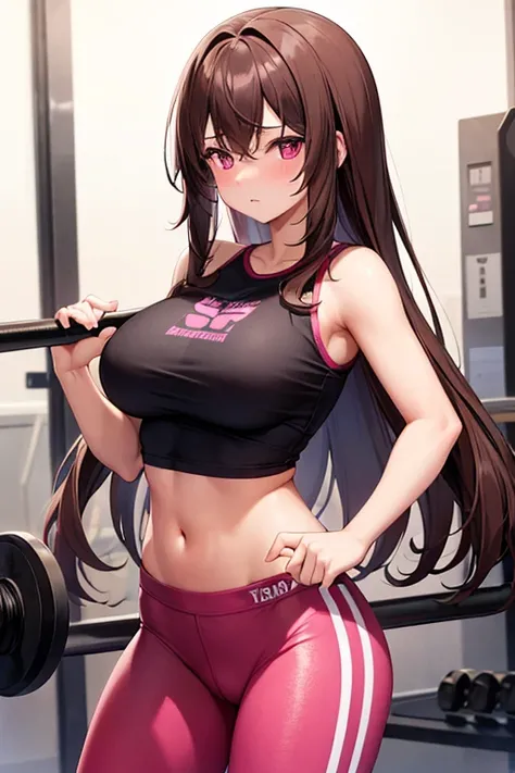 a 20 year old girl, in the gym, wearing tight pink gym clothes, long brown hair (not tied), large breast, pink eyes