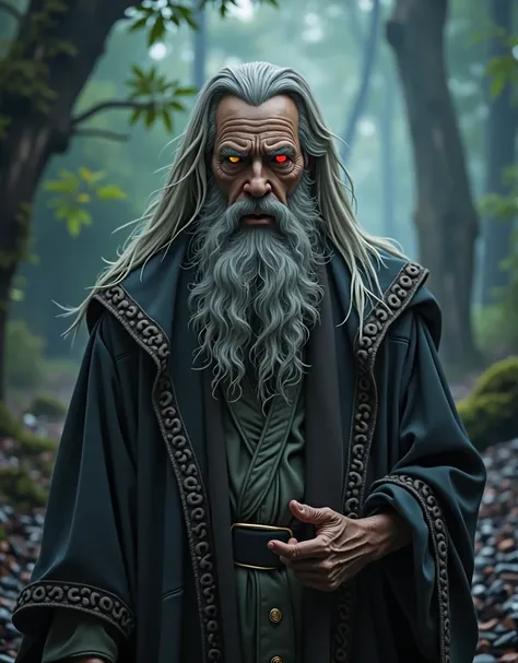 A middle-aged man with long grey hair and a long beard, wearing mystical flowing robes, standing in a dark, foggy forest, heterochromia eyes with one yellow eye and one red eye, an aura of mystical power and ancient wisdom surrounding him, (best quality,4k...