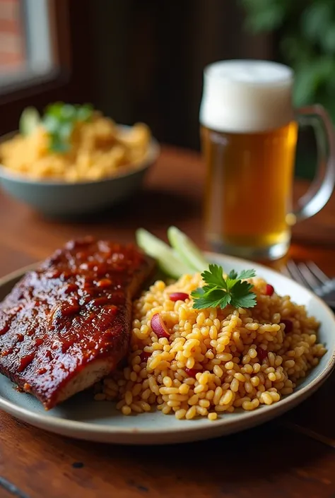 A plate with gallo pinto with bbq ribs and a beer in a glass served to a table 