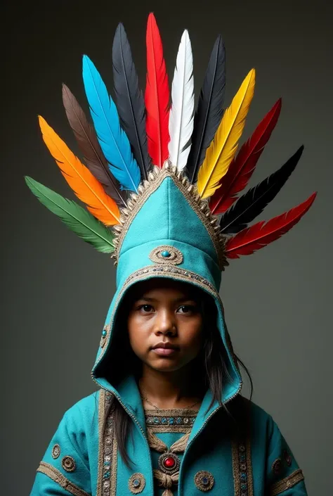 I want a feather hat, not like the Mexican Indians, but a triangular hat with 7 feathers of different colors in this blue order., red, negro, white, yellow, green, brown the hat is from the kakawiras the image should not be lateral but frontal and should b...