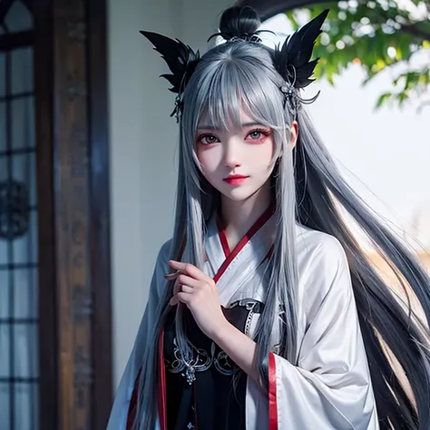 1girl, HD, Very Long Hair, Silver Hair, Red Eyes, 