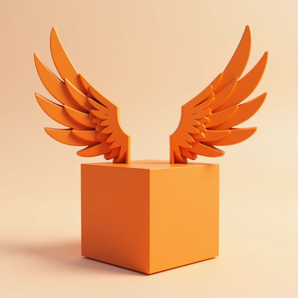 Box icon with wings on top, orange color matte plastic, high detail, 3D рендер, stylization
