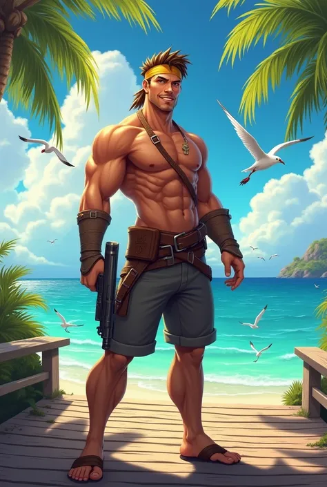 Fantasy-Stil, brunette, The gun, tropical, Seagulls, Viewers look at, Dock, Seascape, sunny, masculine, smiling, hair band, Honigaugen