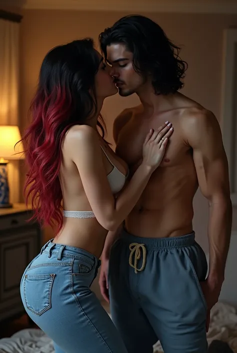 At home, her black wavy hair is partly red, in jeans, Sexy skinny woman kneeling, kissing the sweatpants of the man in front of her. 