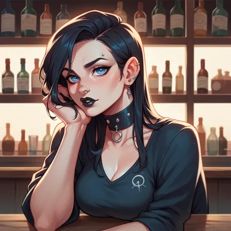 a girl in her mid 20s has black hair and blue eyes stares at you blankly. she has black clothes on and black lipstick. she also has some piercings on her ears and nose. the setting is a bar.