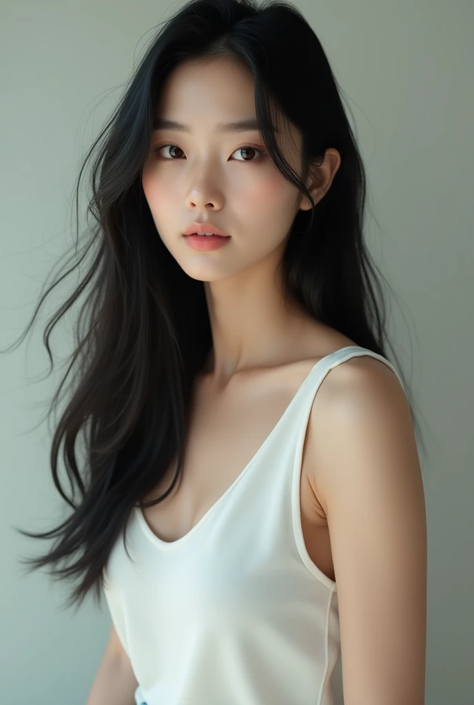 A young Korean woman with long straight black loose hair dark brown eyes white skin wearing a white tank top and a pair of jeans 