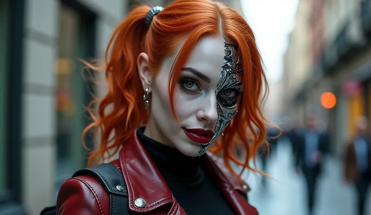 1 natural redhead Harley Quinn, she is a Terminator with her face half human and the other side damaged with half of her face damaged internal circuit showing metallic part and its internal component, metallic part is perfect part of her face, wearing a bl...