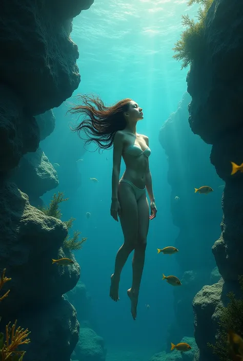 Image of a full-body woman under the sea behind some rocks observing the water so that it is noticeable that she is swimming, Get creative with your hair and take the scene away