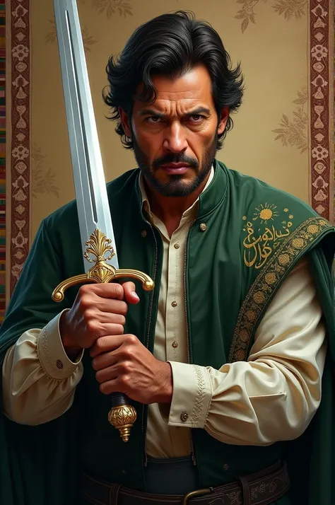 Create an image of Imran Khan having sword in his hand and kalama mentioned on the picture 