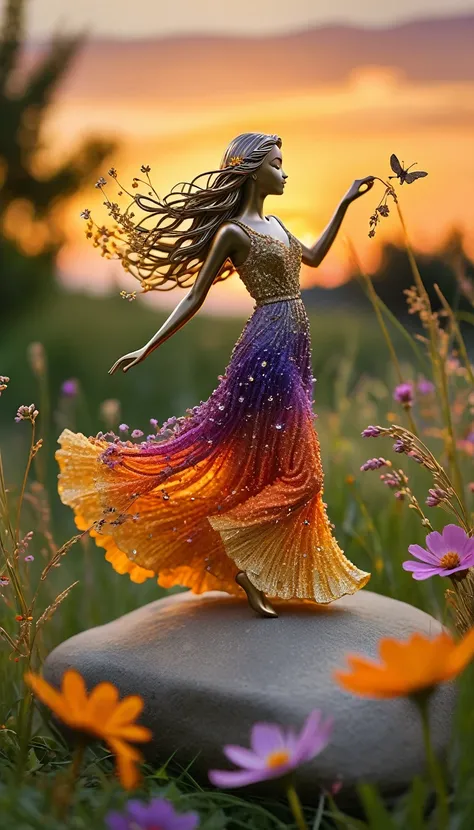 A delightful miniature figure fashioned from shimmering strands of golden straw and vibrant wildflowers, elegantly poised in a graceful leap atop a smooth, sun-warmed stone, set against a breathtaking meadow filled with swaying grasses and colorful blossom...