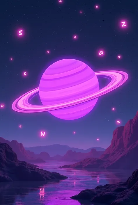 Create a surreal and fun scene featuring a giant, glowing purple Saturn floating in space. The planets iconic rings are surrounded by Roblox symbols, floating and orbiting around it like satellites. The atmosphere should feel whimsical, with stars twinklin...