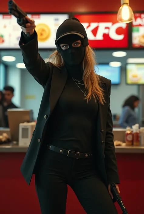 Scarlett johansson qui porte une tenue moulante et qui porte une cagoule et avec un pistolet elle fait un braquage dans un KFC elle ramasse la caisse 