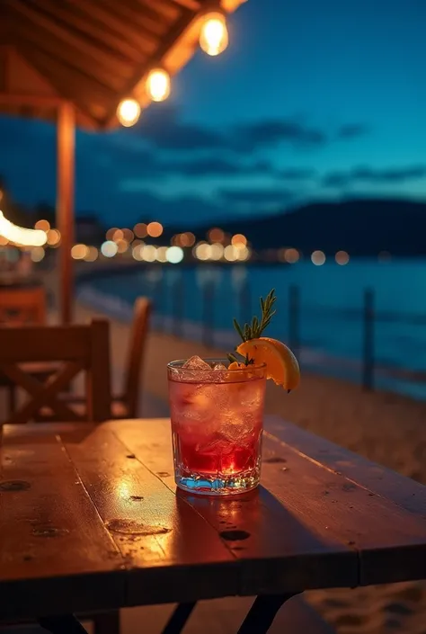 cocktail with vodka, table near to the beach, night on beach, nessebar Bulgaria, hyperealistic, amateur photography,  unperfect photo