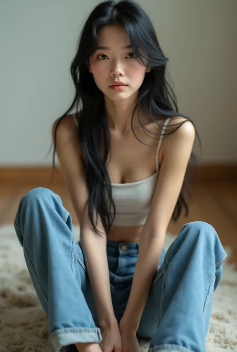 A young Korean woman with long, straight, black, loose hair, dark brown eyes, white skin, sitting on the floor wearing a short tank top and jeans and sneakers. 