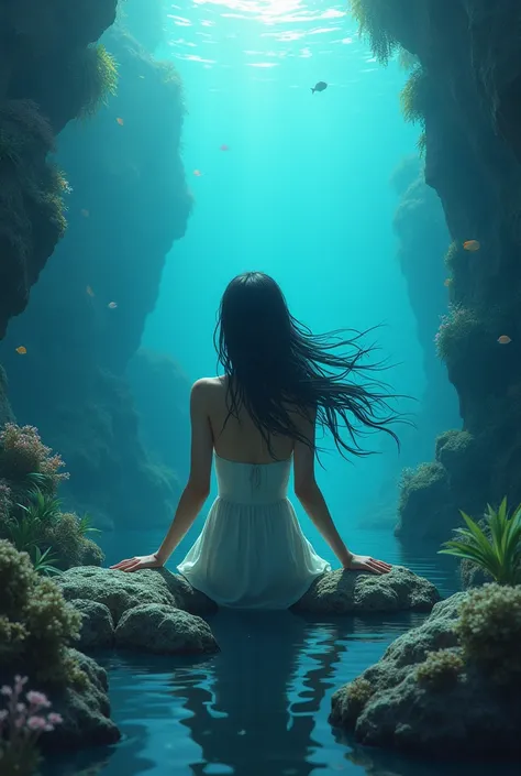 Full body image of a woman from behind under the sea with her hands resting on some rocks in front of her, observing the water as if peeking out so that it is noticeable that she is swimming, Get creative with your hair and take the scene away