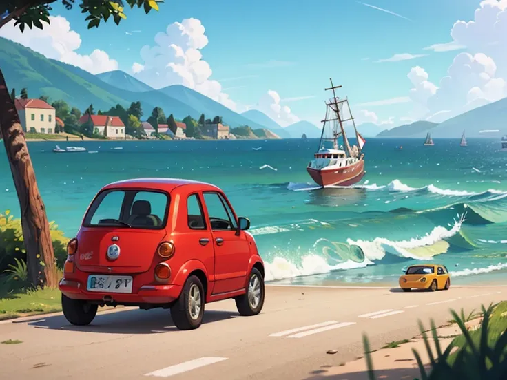 octane rendering、(hyper detail: 1.2)、(soft light、sharp: 1.2)、morning、seaside countryside、a very small old red modified minicar，f...