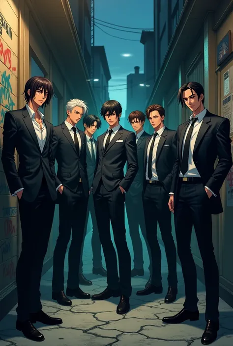 6 hot anime men gangsters in alleyway