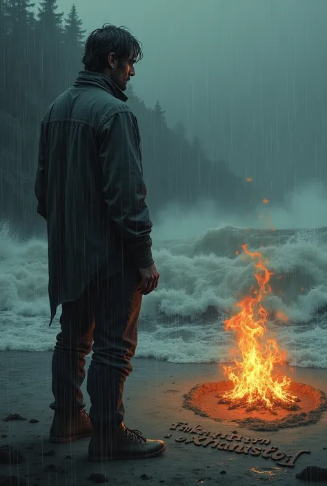 A men in rain,looks a river,a picture with girl burn in ground,tükendim text on sand,realistic