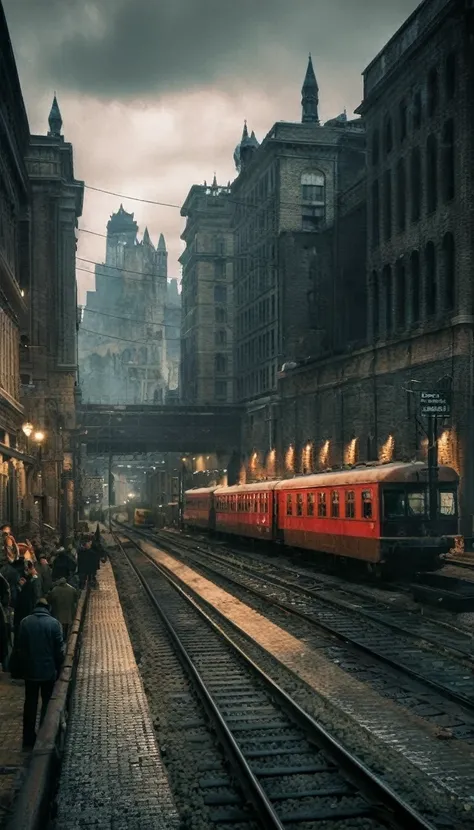 Dark Fantasy Art of cinematic film still of  Epic Creative Scene a city street with a train and cars Cinematic Hollywood Film Style, dark, moody, dark fantasy style