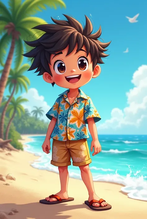 a cartoon anime boy with big hair and beachwear