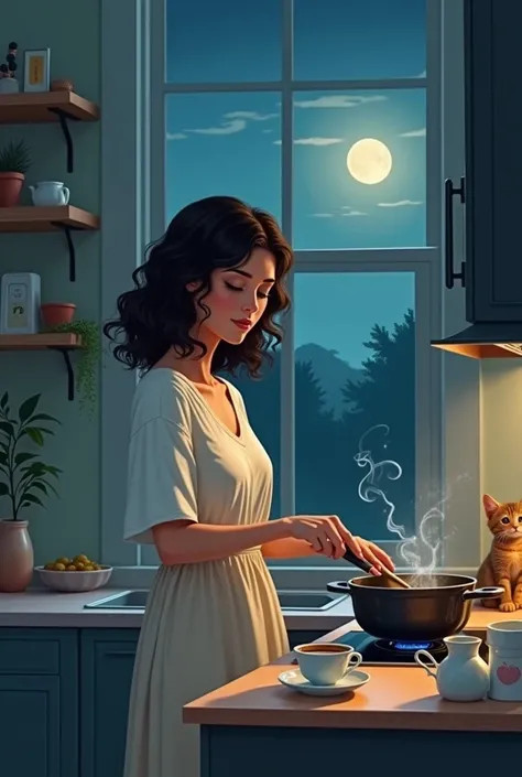 A very calm woman, with curly hair cooking in a simple kitchen, smoke coming out of the pan, the moon behind the window, a kitten on the floor and a cup of coffee on the table.